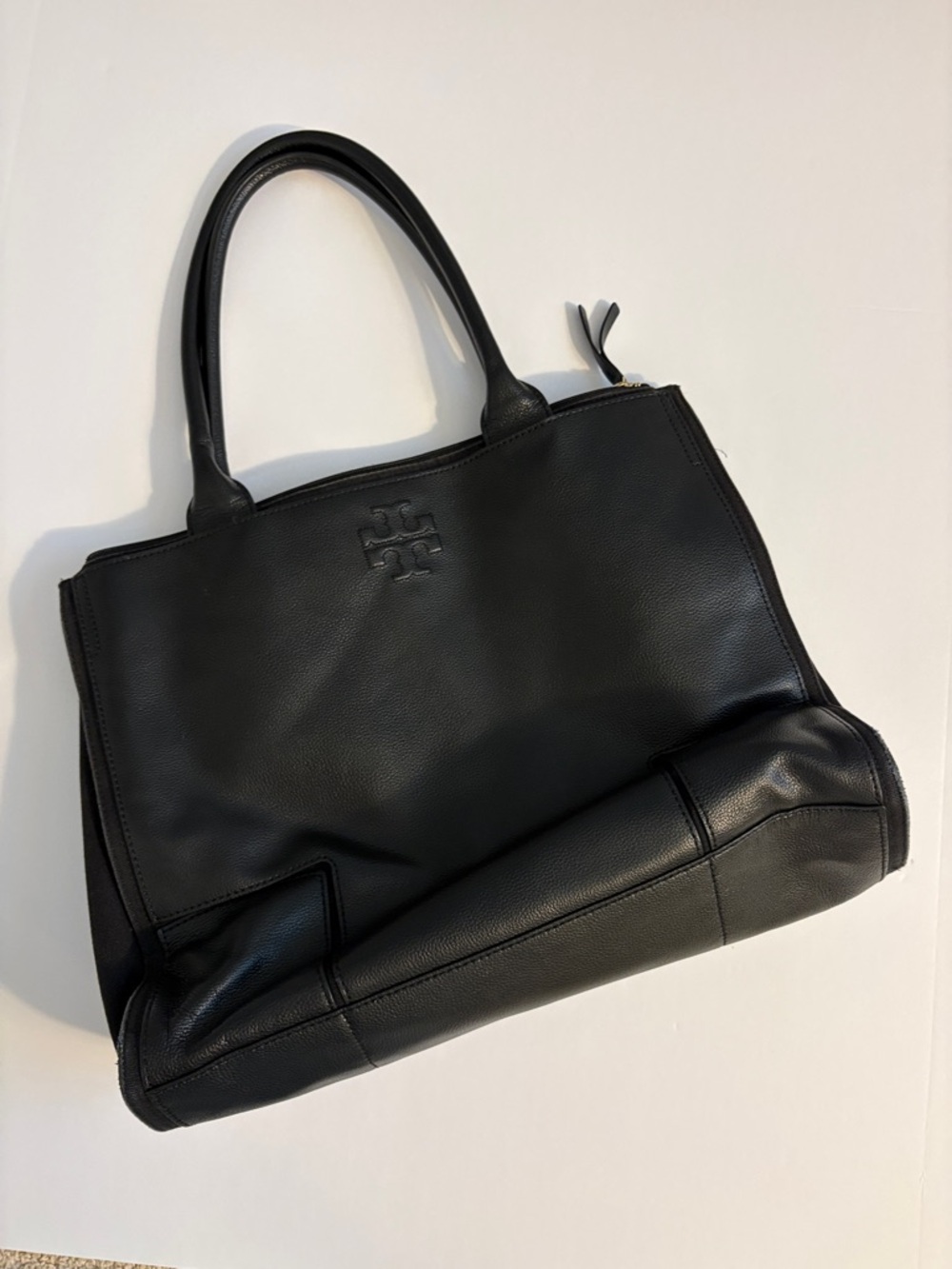 Tory Burch Black Pebbled Leather Tote with Logo
